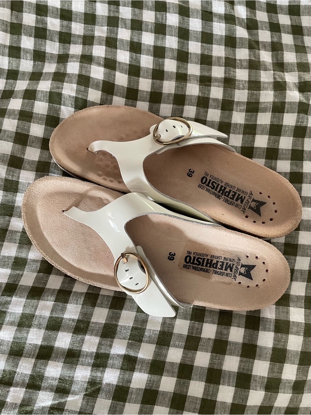 Mephisto White Patent Leather Thong Sandals with Gold Buckles